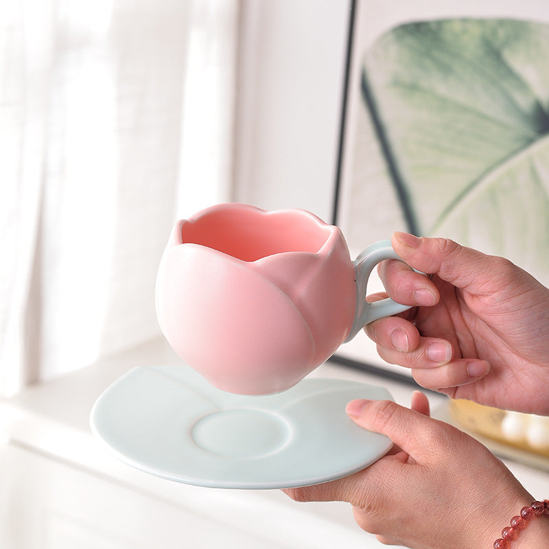 Ins Vintage Tulip Coffee Cup High Ceramic Cup and Plate Set Creative and Exquisite Flower Mark Cup European Coffee Cup and Plate Set
