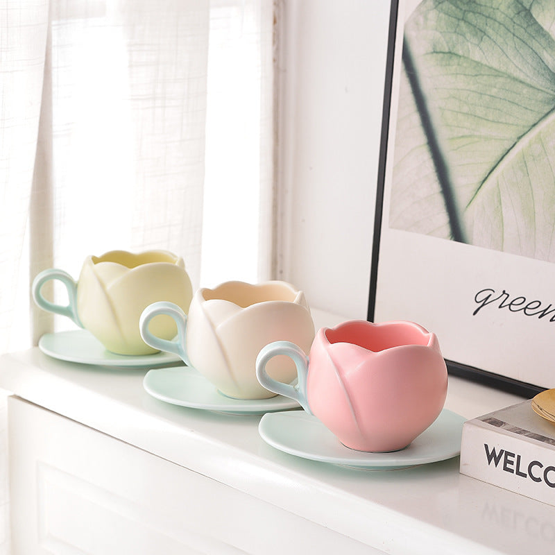 Ins Vintage Tulip Coffee Cup High Ceramic Cup and Plate Set Creative and Exquisite Flower Mark Cup European Coffee Cup and Plate Set