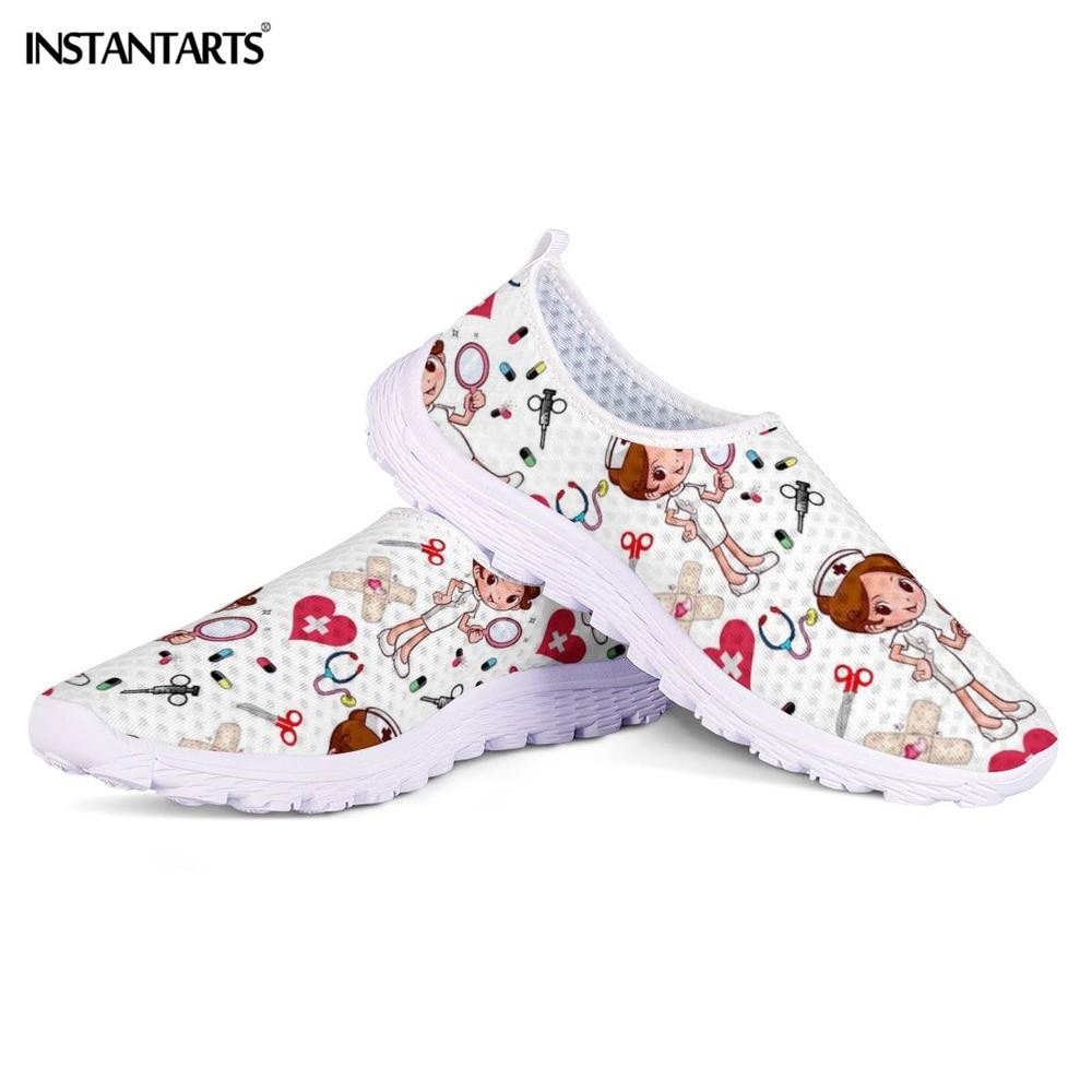 INSTANTARTS New Cartoon Nurse Doctor Print Women Sneakers Slip On Light Mesh Shoes Summer Breathable Flats Shoes Zapatos planos