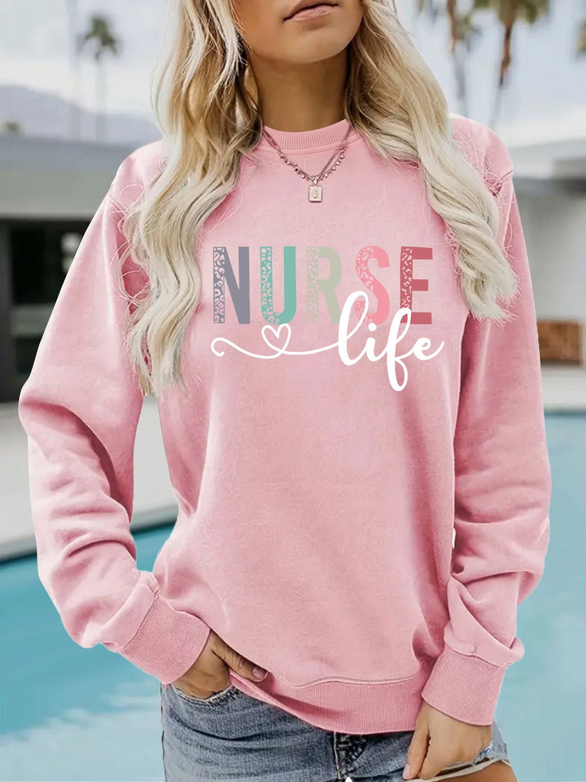 Nurse pattern printed round neck long sleeved sweatshirt