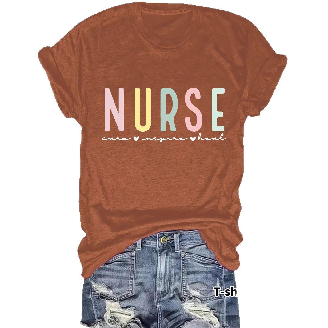 NURSE colored letter printed short sleeved shirt