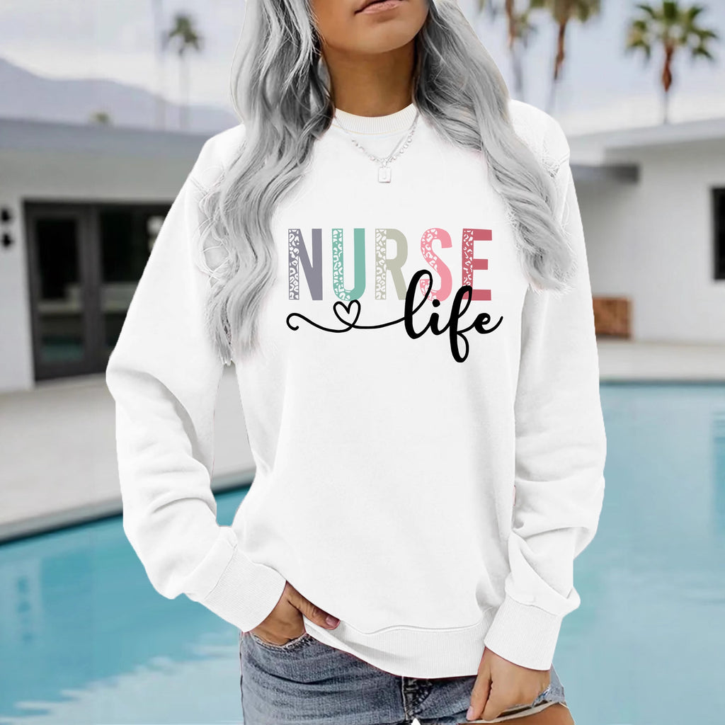 Nurse pattern printed round neck long sleeved sweatshirt