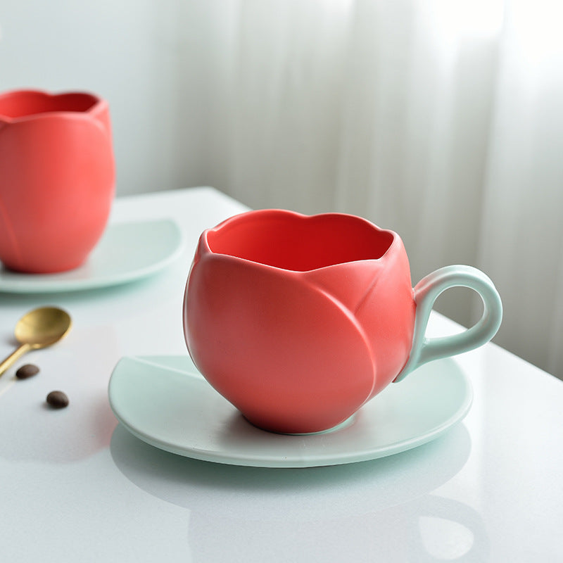 Ins Vintage Tulip Coffee Cup High Ceramic Cup and Plate Set Creative and Exquisite Flower Mark Cup European Coffee Cup and Plate Set