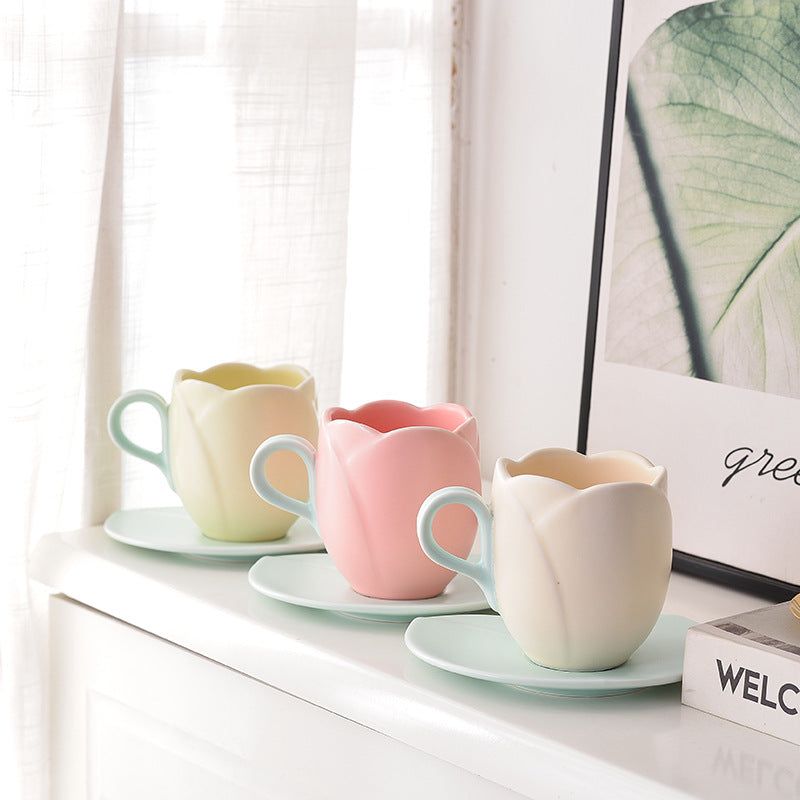 Ins Vintage Tulip Coffee Cup High Ceramic Cup and Plate Set Creative and Exquisite Flower Mark Cup European Coffee Cup and Plate Set